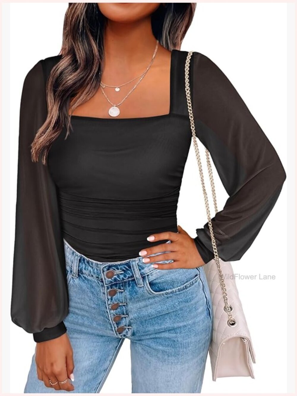 Square Neck Mesh Long Sleeve Tops Double Lined Dressy Business Casual Blouses